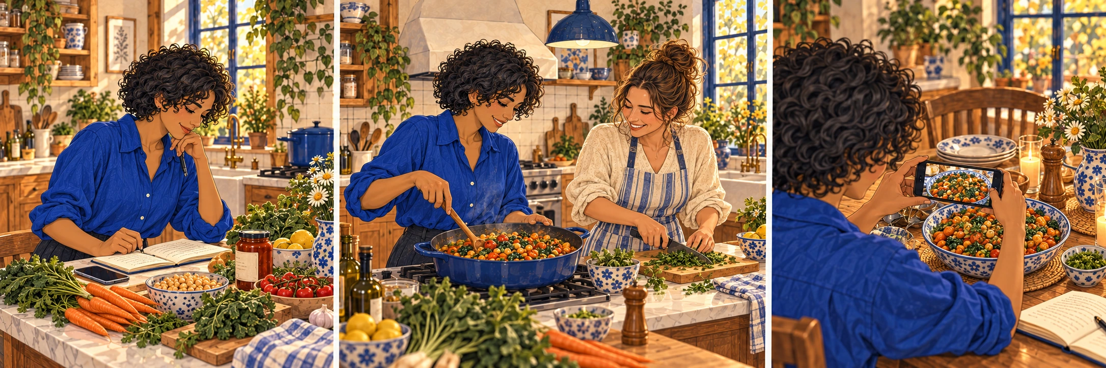 Three moments on the same day: planning with available ingredients, preparing food together with a friend, and photographing the finished meal.