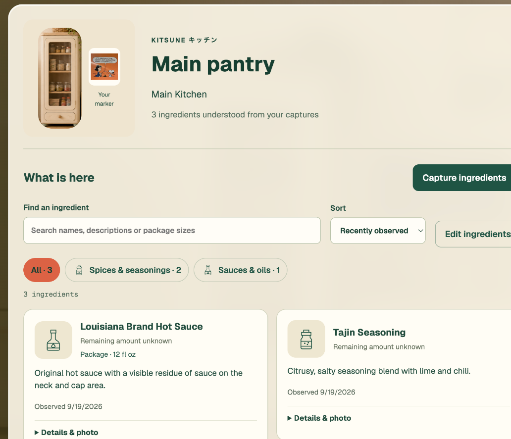 Main pantry in Main Kitchen, with three ingredient findings, observation dates, correction controls and quantities marked unknown.